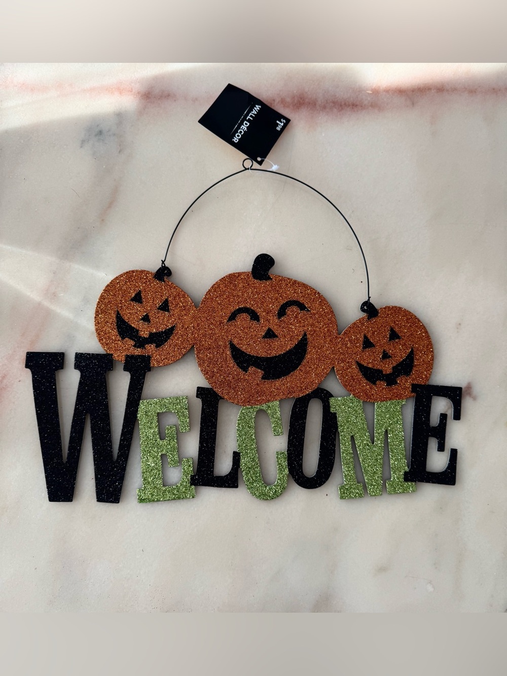 Halloween Glitter Pumpkin Welcome Sign - Orange and Green